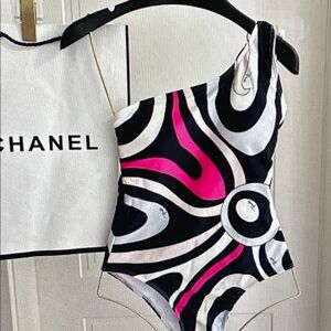 Emilio Pucci One-Shoulder Swimsuit in Black, White & Pink